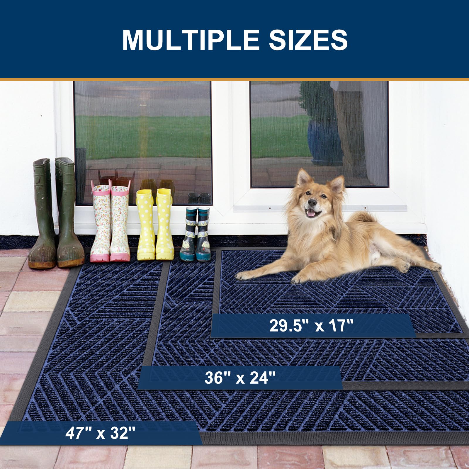 Smiry Front Door Mat Outside Entrance, Heavy Duty Sturdy Natural Rubber Doormat, Trap Dirt And Moisture, Easy Clean Low Profile Welcome Floor Mats For Indoor Outdoor Entry, 36X24 Inch, Navy Blue